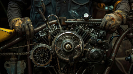 Mechanic is working on fixing a motorcycle engine in a workshop with tools