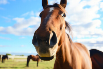 Obraz premium Brown horse closeup in an outdoor field with blue sky and other animals on a summer day