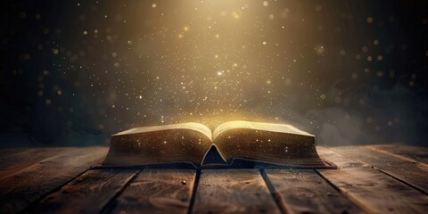 Christian Typography. Open Book Bible with Mystic Light on Wooden Desk in Magic Poster