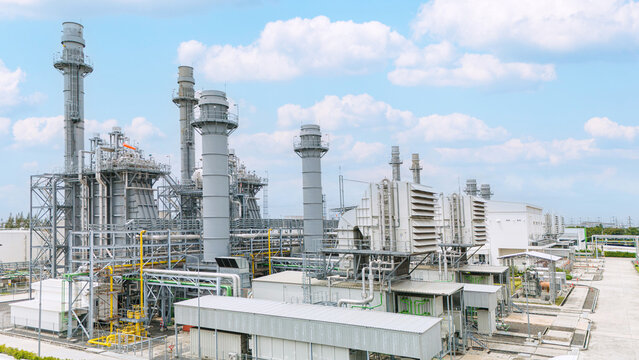 Combined Cycle Power Plant. Steam Turbine Modern Clean Power generator building. Large electricity industry.
