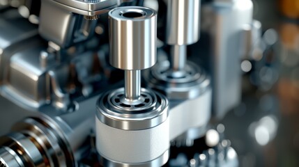 Fototapeta premium Engine pistons in cylinder with four valves, gears in view, high-resolution, mechanical intricacy, steel finish, precise focus, bright and clear lighting