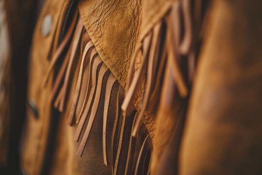 Close-up of leather jacket with fringe accents in warm lighting