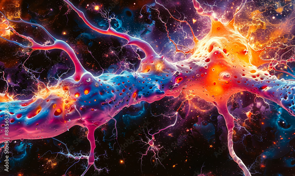 Poster vibrant neural network connection with dendrites in close-up view depicting intricate intertwining n