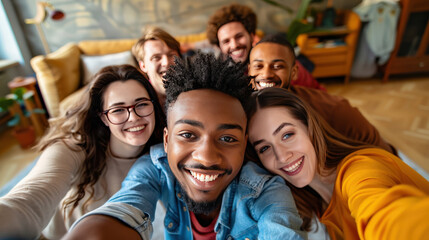 Obraz premium Group of Friends Smiling and Taking a Selfie Together in Cozy Living Room