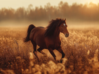 Brown horse running in a field at sunrise with grass, nature, and a beautiful landscape
