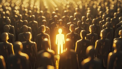 A glowing golden human figure stands out among many grey figures, representing the idea of a leader and influence in business or social settings Generative AI