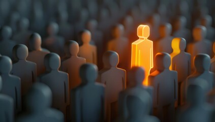 Obraz premium A glowing figure stands out among many grey figures, symbolizing the concept of being different and special in an environment full of people Generative AI