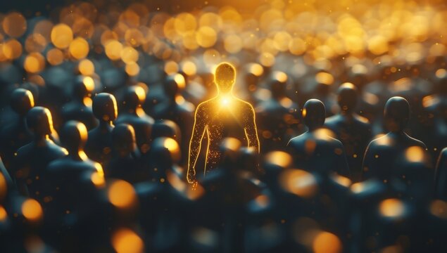 A person glowing in the center of an array of grey figures, symbolizing being different and special among his colleagues Generative AI