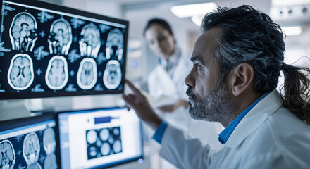 Doctors Analyzing Brain Scans in Control Room During MRI Procedure, Collaborative Medical Diagnosis, High-Tech Imaging, Daytime Hospital Environment