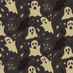 A pattern with funny ghosts on a dark background in the flat style.