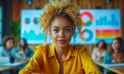 Young Female Project Manager Presenting to Diverse Creative Team in Modern Agency Meeting Room, Discussing Business Development and Interface Design with Vibrant Charts in Background