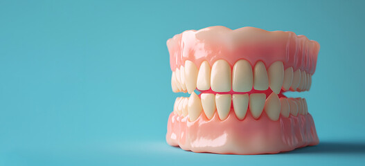 Obraz premium 3D human teeth model for dental study and medical presentations, blue background. Dental model showcasing tooth anatomy. 3D dental model for use in stomatology visuals and medical ads, copy space