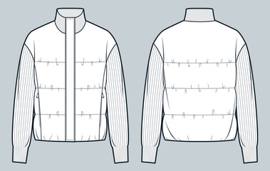 Down Jacket technical fashion Illustration. Puffer Jacket with knit sleeves and collar fashion flat technical drawing template, pockets, front and back view, white, women, men, unisex CAD mockup. © Liubov Hladka