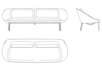 Sofa Line Vector Illustration. Different Views of Modern Sofa, Ideal for Furniture Design and Interior Concepts with Front, Side, and Top Views