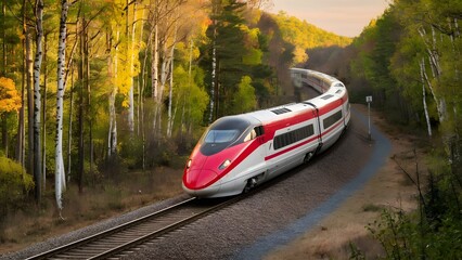 Fototapeta premium a high-speed, predominantly red and white train gliding effortlessly along railway tracks, cutting through a lush, golden-hued forest. The sleek train design is a blend of modern and vintage elements,