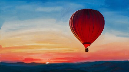 Obraz premium red hot air balloon floating gracefully against a mesmerizing gradient sky. The sky transitions from a deep blue at the top to a warm, glowing orange hue near the horizon, creating a stunning contrast