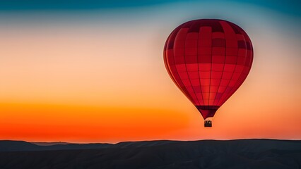 Fototapeta premium red hot air balloon floating gracefully against a mesmerizing gradient sky. The sky transitions from a deep blue at the top to a warm, glowing orange hue near the horizon, creating a stunning contrast