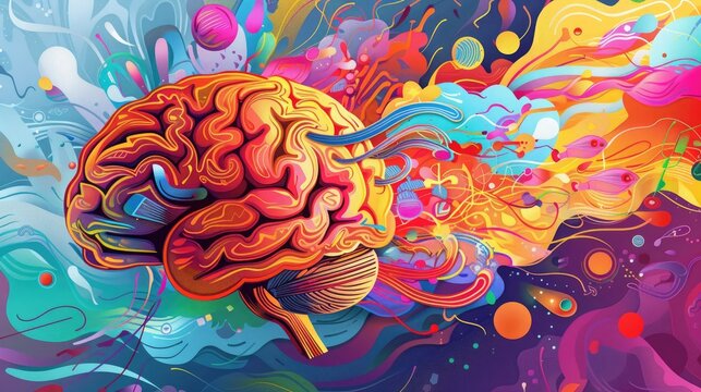 A human brain with intricate details, exploding into a vibrant, colorful array of abstract shapes and symbols of creativity, set against a dynamic background.