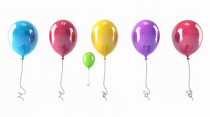 A set of colorful balloons floating against a clear white background