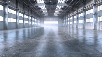 Concrete Floor Warehouse. Modern Industrial Interior Design with Steel Roller Door and Spacious Empty Space for Product Display