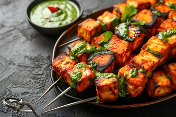 a dish of paneer tikka with mint chutni