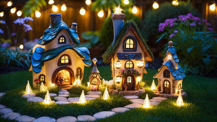 Fototapeta premium Whimsical Fairy Garden with Miniature Houses and Sparkling Lights