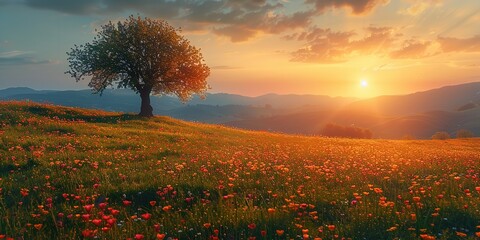 "Scenic Spring Sunrise Over Verdant Meadow"