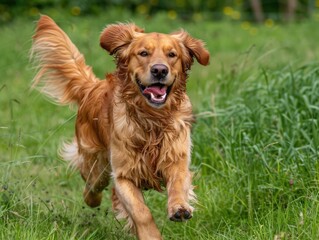 Obraz premium Golden Retriever Running: Active Adult Dog Enjoying Happiness in the Grass
