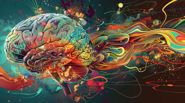 A human brain with intricate details, exploding into a vibrant, colorful array of abstract shapes and symbols of creativity, set against a dynamic background.