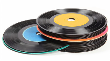 A stack of vintage vinyl records on a seamless white background