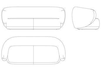 Sofa Line Vector Illustration. Different Views of Modern Sofa, Ideal for Furniture Design and Interior Concepts with Front, Side, and Top Views