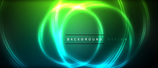 Neon glowing circle rays, light round lines in the dark, planet style neon wave lines. Energetic electric concept design for wallpaper, banner, background