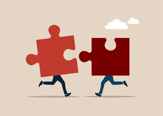 Connecting puzzle pieces. Business concept. Teamwork metaphor. Symbol of working together, cooperation, partnership. Vector illustration in flat style.