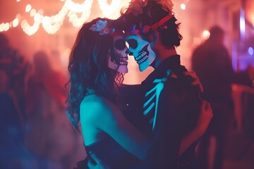Couple with skeleton face paint at Halloween party. Halloween celebration concept. Costumed party, carnival, masquerade. Greeting card, invitation, banner. Day of the Dead, Dia de los muertos