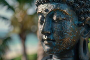 "Statue Near Palm Tree: Symbolizing Tropical Serenity and Relaxation"