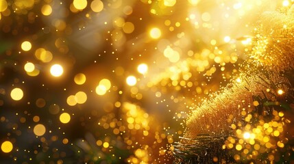 Fototapeta premium A magical cascade of golden Christmas particles and sprinkles, shimmering in the soft glow of holiday lights, creating a festive wallpaper background that evokes the joy of the season.