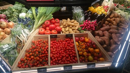 A vibrant display of fresh vegetables including tomatoes, peppers, and potatoes at a market. Great for food, health, and nutrition themes.
