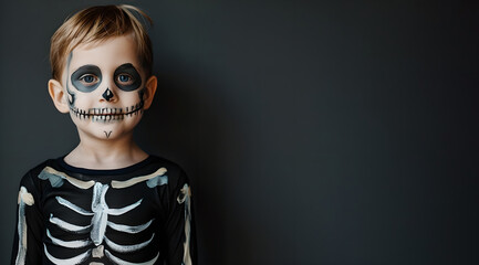 Child in skeleton costume isolated on black background. Halloween celebration concept. Costumed party, carnival, masquerade. Greeting card, invitation, banner with copy space