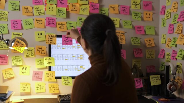 Late-night female worker placing a colorful note on her computer screen, with sticky notes filling the walls around her. Selective focus. Time organization and planning concept