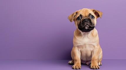 A cute little puppy is sitting on a purple background. The puppy has a sad expression on its face