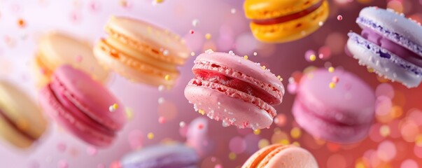 Obraz premium A colorful array of macarons are flying through the air.