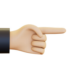 A hand making a pointing gesture, with the index finger extended and indicating a specific direction. 3D render illustration in cartoon style. Transparent background, isolation.