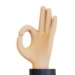 A hand making an OK gesture, with the thumb and index finger forming a circle and the other fingers extended. 3D render illustration in cartoon style. Transparent background, isolation.