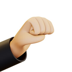 A hand making a raised fist gesture, with all fingers clenched into a fist and the hand lifted upwards. 3D render illustration in cartoon style. Transparent background, isolation.