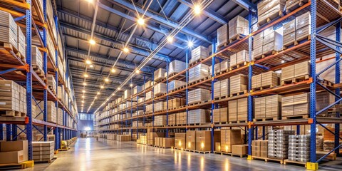 Warehouse Interior with Cardboard Boxes on Shelving, Wide Shot, High Angle, Industrial Building, Logistics, Storage, Distribution Center