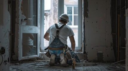 Back view of a man contractor at work inside a home for renovation and refurbishment project , complete energy efficiency renovation concept image