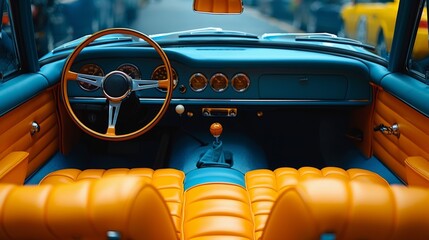Interior of a classic car with orange leather upholstery and a blue dashboard. Retro style, a combination of bright colors, chrome elements, and a wooden steering wheel create a vintage atmosphere