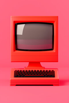 Vintage red personal computer with keyboard showing a blank screen, evoking ideas of technology, nostalgia, and the digital era