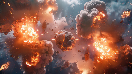 Multiple explosive bursts with varying fireball sizes and detailed smoke plumes