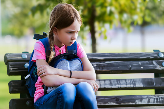 Unhappy and sad schoolgirl sitting on wooden bench in the park